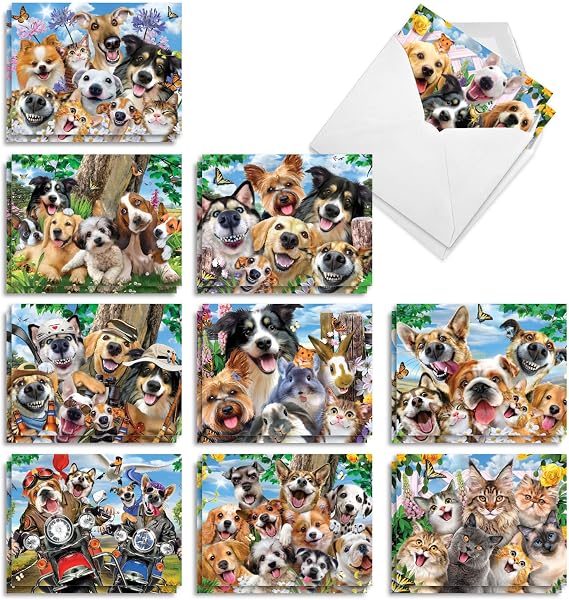 The Best Card Company 20 Assorted Blank Notecards Bulk Box Set 4 x 5.12 w/Envelope For Men, Women (10x2 Designs) Cat And Dog Selfies AM10690OCB-B2x10