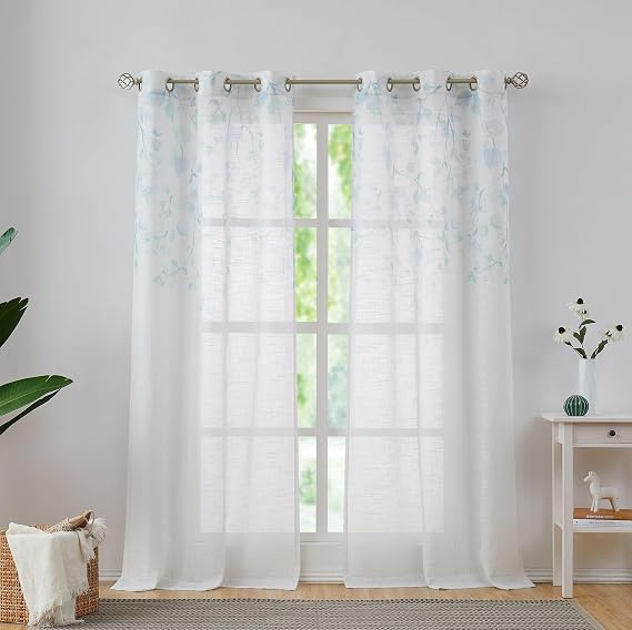Central Park Leaf Floral Print Metallic Sheer Window Curtain Panel for Rustic Living Room/Bedroom Sparkling Decorative 6 Grommets Top Drape Panels Farmhouse Curtains, Teal Blue,40" x 95"x2, 2 PK