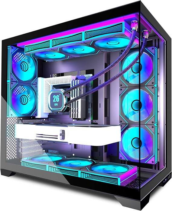 PC CASE 9 PWM ARGB Fans Pre-Installed, Mid-Tower Gaming PC Case, Panoramic Tempered Glass Computer Case with Type-C,420mm&360mm Radiator Support,Black,K9