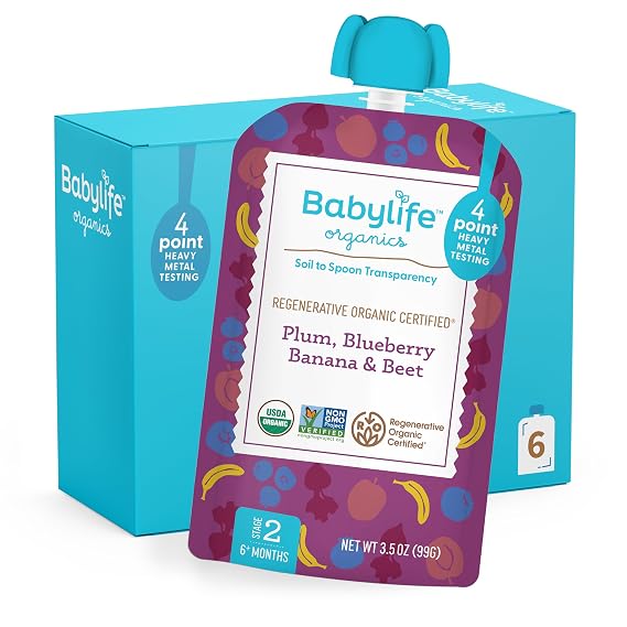 Babylife Organics Stage 2 - Plum, Blueberry, Banana & Beet, 3.5 Ounce Pouch (6 Pack) - Heavy Metal Safe, Organic Baby Food