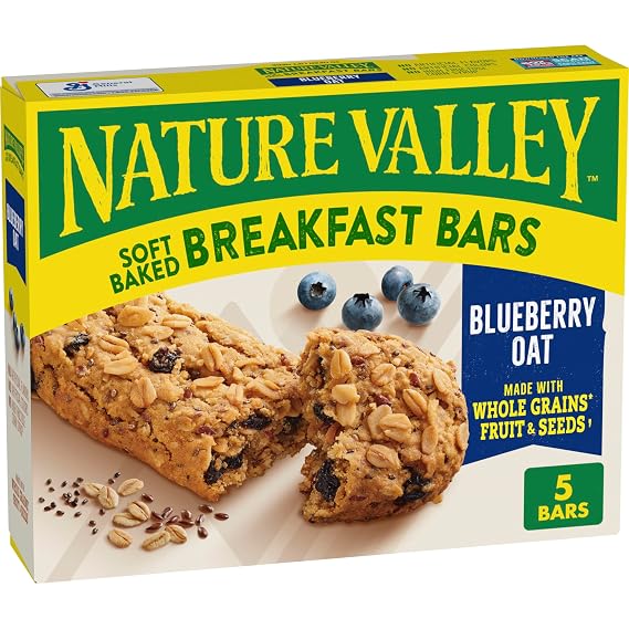 Nature Valley Blueberry Oat Soft Baked Breakfast Bars, 5 ct, 8.85 oz | 20g Whole Grain per Serving, Real Fruit with Chia & Flaxseeds, No Artificial Flavors or Colors, Pantry or Lunch Box Ready