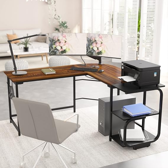 l Shaped Office Desk with 2 Storage Shelf, Reversible Computer Desk, Teak