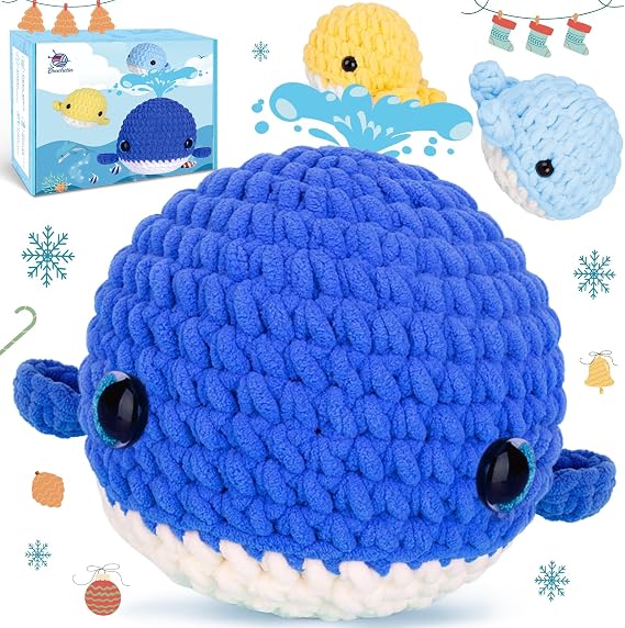 Crochet Kit for Beginner, Upgraded Easy Yarn Crochet Starter Kit w Step-by-Step Video Tutorials, Beginner Crochet Kit for Adults & Kids, Men & Women, Complete Kit Included, 3Pack Whale Family