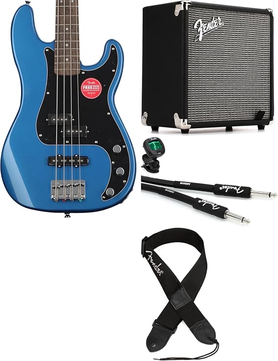 Fender Squier Affinity Series Precision Bass PJ Guitar Bundle, Lake Placid Blue Includes Guitar, Amplifier, Instrument Cable, Strap, and Tuner Perfect for Beginners or Pros