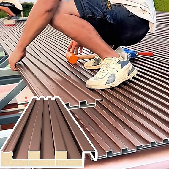 Heavy Duty Ceiling Insulated Panels, Metal Roofing Panels for Chicken Coop Gazebo and Mobile Homes, Corrugated Awning Covers with Polycarbonate Fill(Brown,L 8m(26.2ft))