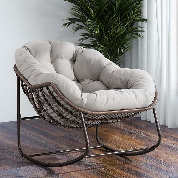 Mirightone Outdoor Rocking Chair, Patio Wicker Egg Rocking Chair, Indoor & Outdoor Papasan Chair with Thick Cushion, Modern Rattan Lounge Chair for Balcony, Front Porch, Garden, Backyard,Beige