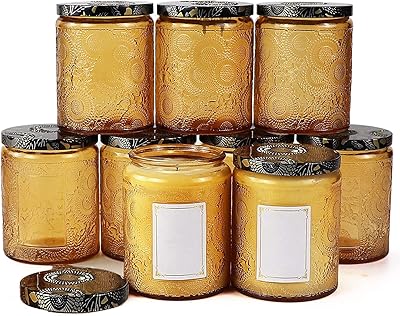 Embossed Glass Candle Container with Tin Lids and Labels, Candle Jars for Making Candles Orange