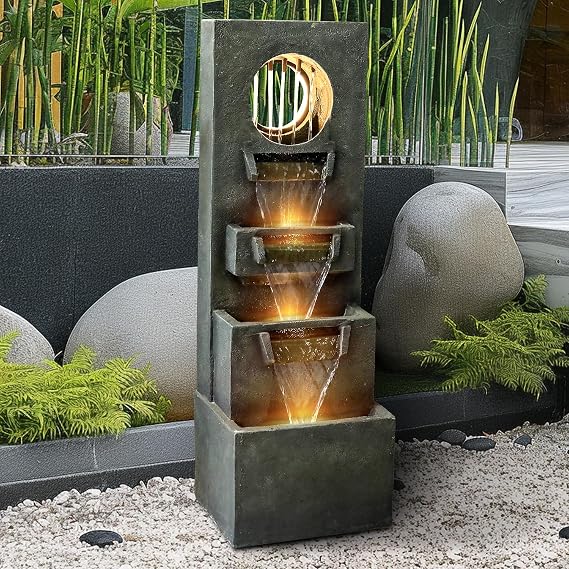 Modern Indoor Outdoor Waterfall Fountain - 39.3Tall Relaxing Soothing Outdoor Freestanding Fountains with Lights&Pump, 4-Tier Outdoor Garden Fountain for House, Office, Garden, Patio