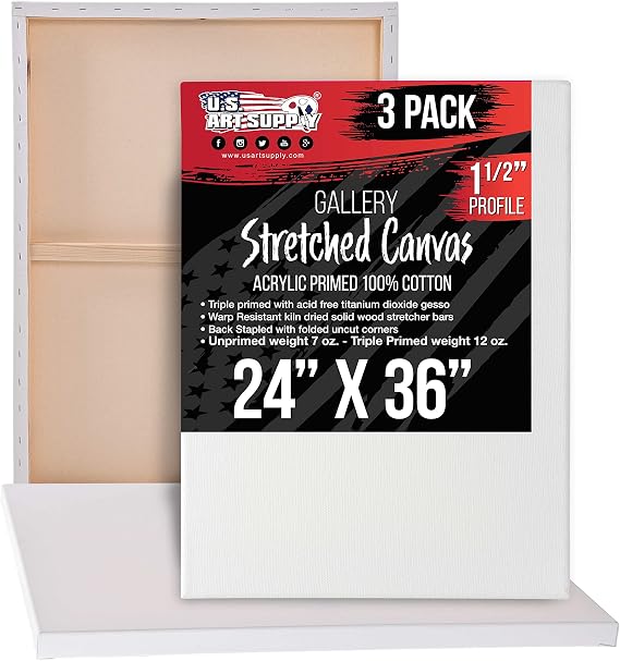 U.S. Art Supply 24"x36" Stretched Canvas for Painting, Gallery Depth 3-Pack