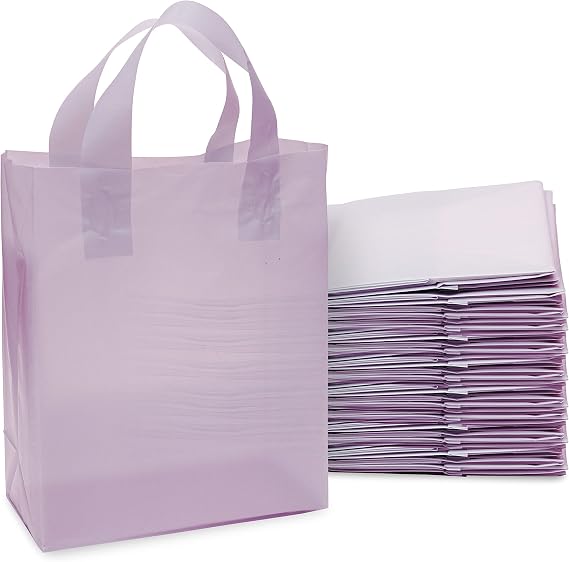 Prime Line Packaging Frosted Purple Gift Bags, Plastic Gift Bags with Handles for Small Business, Retail, Delivery, Take Out, Party Favor Bags, Bulk, 8x4x10, 100 Pack