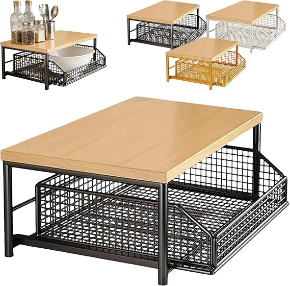 Countertop Organizer for Kitchen, Double Layer Kitchen Microwave Stand with Wood Countertop, Space-Saving Design Featuring Drawer& Wire Basket-Sturdy Hardwood Shelf for Coffee Maker (A)