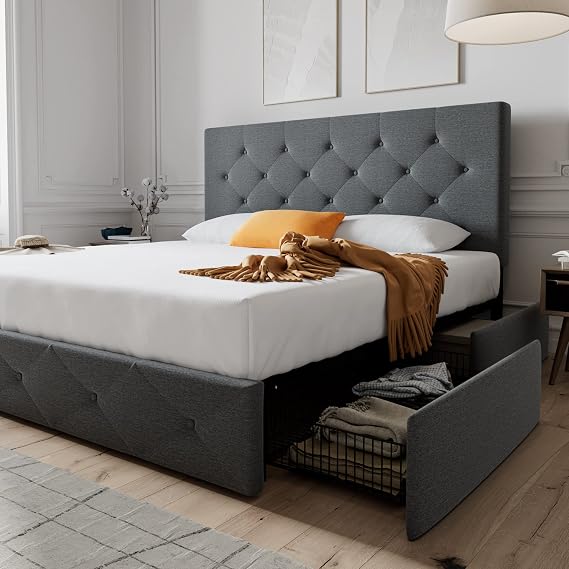 Allewie Queen Size Upholstered Platform Bed Frame with 4 Storage Drawers & Adjustable Headboard, Diamond Stitched Button Tufted, No Box Spring Needed, Grey