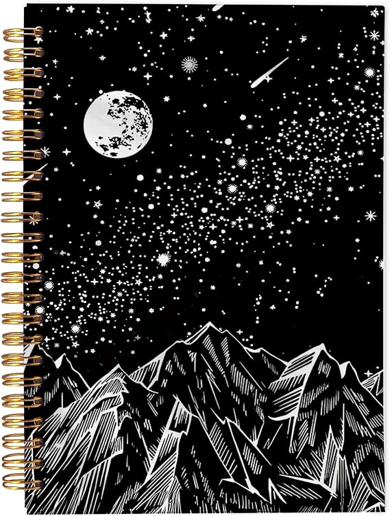 Mountains Moon Celestial Starry Night Notebook, Boho Notebook, Dark Aesthetic Journal, Aesthetic Notebooks for School, Black and White Spiral Notebook 5.5x8.3