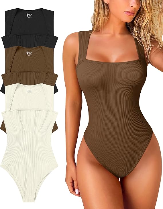 OQQ Women's 3 Piece Square Neck Sleeveless Bodysuit
