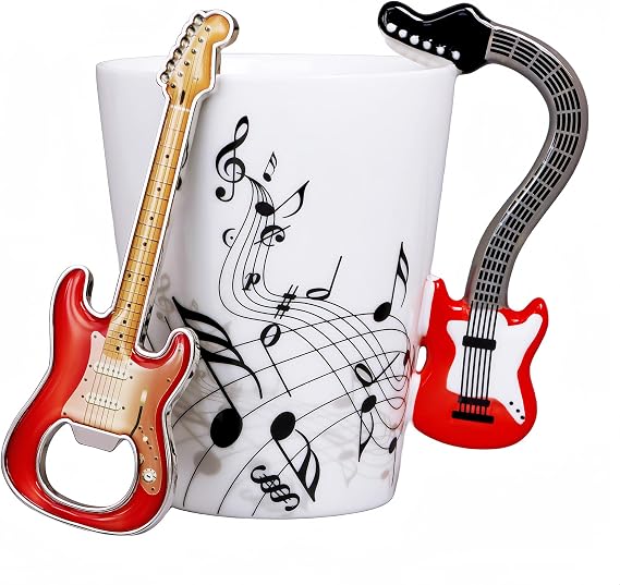 13.5 Oz Music Note Guitar Coffee Mug with Guitar Shaped Bottle Opener