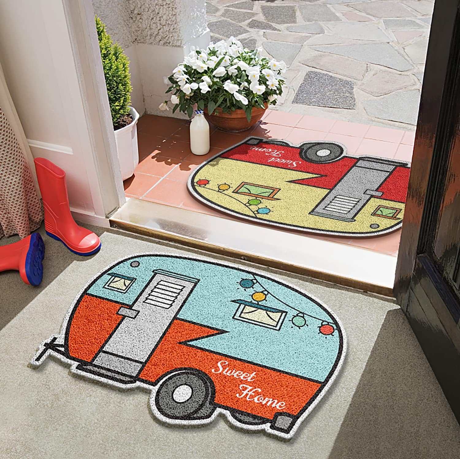 Happy Camper Door Mat 2 Pack,RV Floor Mats,23x16Sweet Home Front Door Mats Outdoor Indoor mats,Non-Slip Welcome mats Entrance Way Rug,Durable Door Mats for RV,Home Decor,Campsite Camper