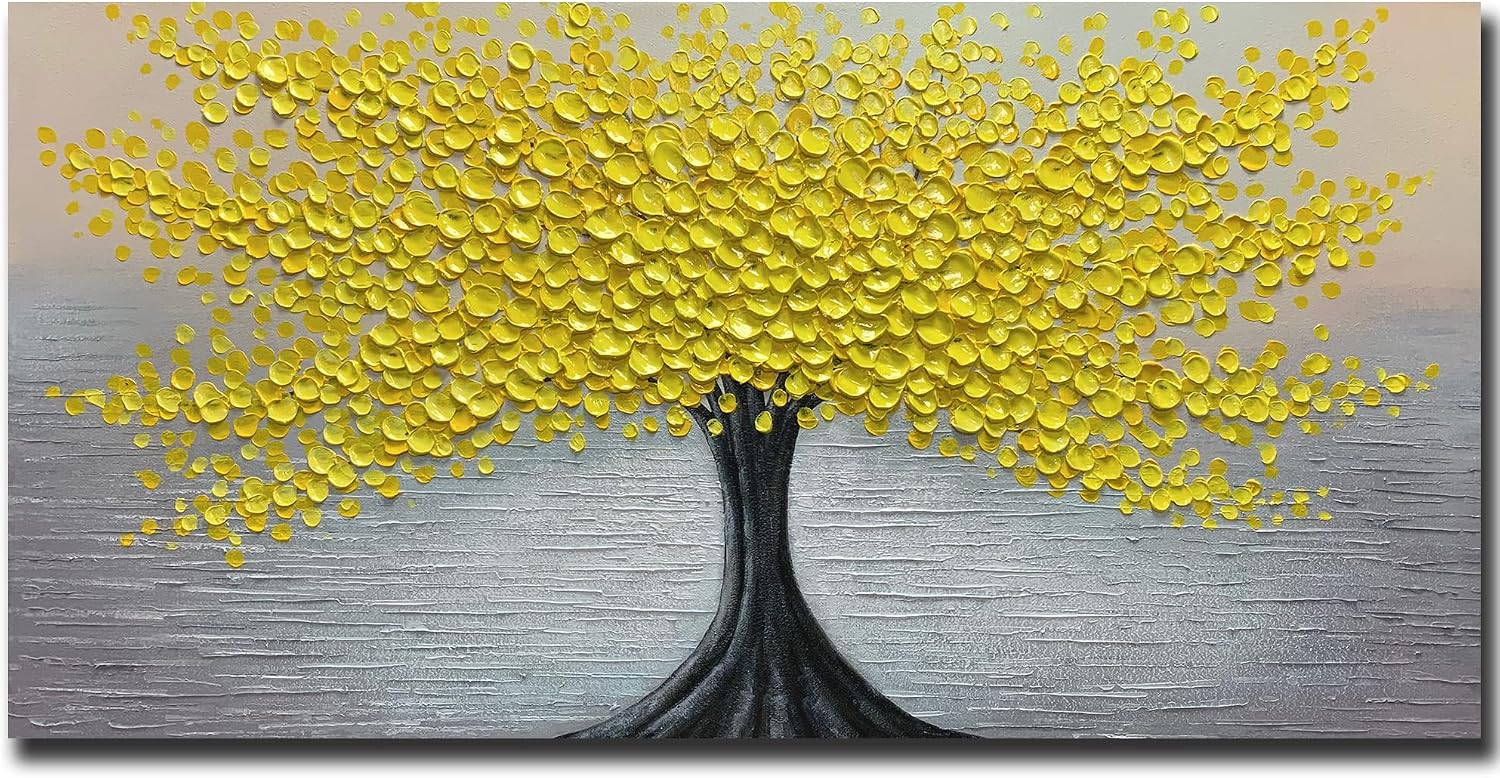 MUWU Paintings 24x48 Inch Lucky Tree Paintings 3D Abstract Paintings Golden Flower Oil Hand Painting On Canvas Wood Inside Framed Ready to Hang Wall Decoration for Living Room Gold