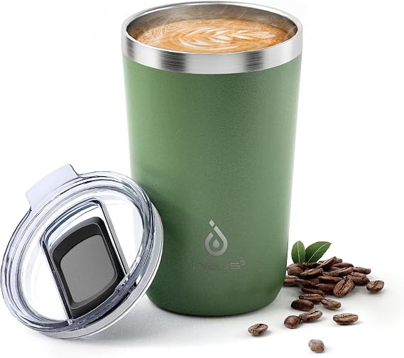 Ideus 20 oz Tumbler, Travel Coffee Mug with Splash Proof Sliding Lid, Double Wall Stainless Steel Vacuum Insulated Coffee Mug for Home and Office, Keep Beverages Hot or Cold, Avocado Green