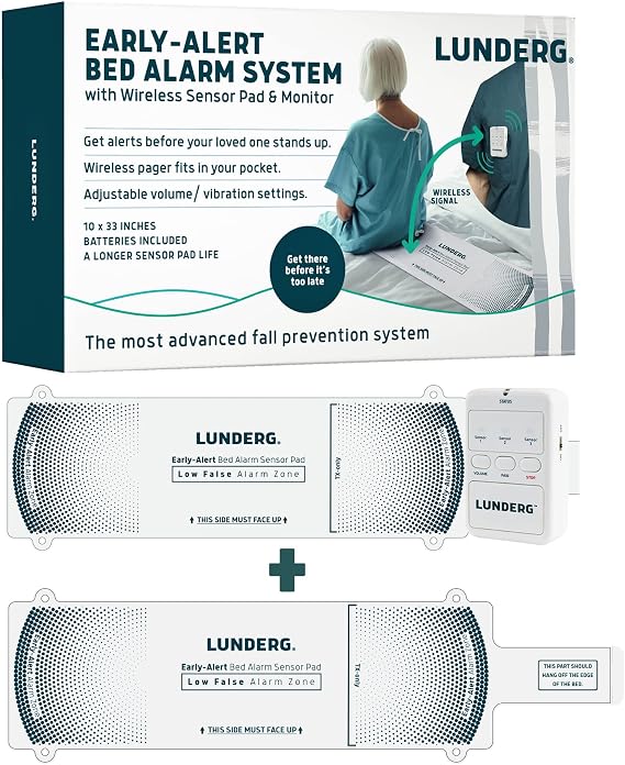 Lunderg Early Alert Bed Alarm System with 2 Wireless Sensor Pads & 1 Pager - Elderly Monitoring Kit with Pre-Alert Smart Technology - Bed Alarms and Fall Prevention for Elderly and Dementia Patients