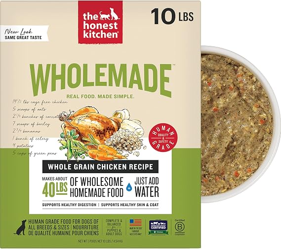 The Honest Kitchen Human Grade WholemadeTM Dehydrated Whole Grain Dog Food - Complete & Balanced Meal or Topper - Chicken 10 lb Box