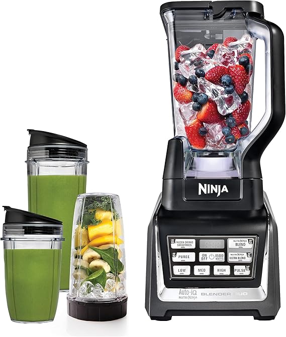 Ninja BL642 Nutri Ninja Personal & Countertop Blender with 1200W Auto-iQ Base, 72 oz. Pitcher, and 18, 24, 32 oz. To-Go Cups with Spout Lids, For Smoothies, Shakes & More, Dishwasher Safe, Black..