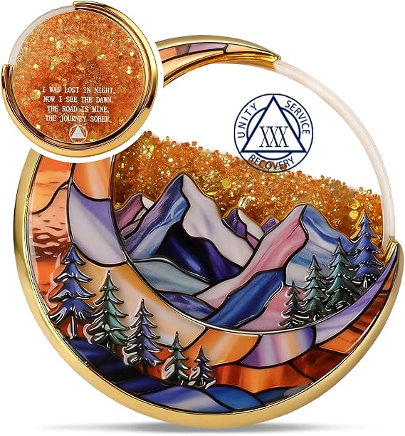 Golden Flow Sand 30 Year Sobriety Coin - Lunar Guardian Recovery AA Coins - Mountain Addiction Sober AA Chips and Medallions - Celebrate Living Clean Alcoholics Anonymous Token Gifts for Men Women