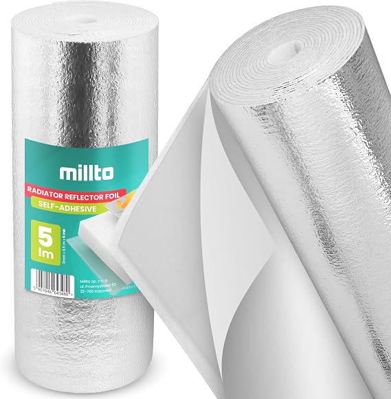 Millto Radiator Reflective Film Self-Adhesive 3 mm x 0.5 m x 5 m Insulation Film Wall Insulation Reflection Plate Reflective Film Insulation Mats Thermal Mat Aluminium Foil Insulation Film Insulation