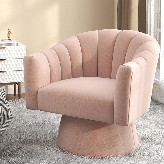 Swabel Chair, Velvet, 360 Degree Rotation, Barrel Chair, Living Room, Study, Bedroom, Dressing Counter, Office, Relaxing, Reading Chair, Overstuffed, Rounded Arm Chair Pink