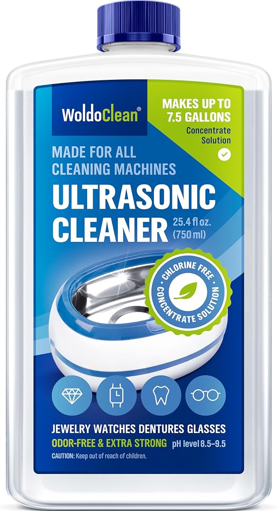 WoldoClean Ultrasonic Cleaner Solution Concentrate - 25.4 Fl Oz Makes 8 Gallons for Eyeglass, Sunglasses, Retainer, Denture, Aligner, Razor and Gun Parts | Retainer, Eyeglass, Aligner, Razor, Watch, Vinyl, Gun Parts, Sonic Fluid