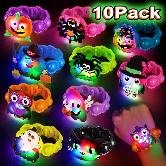 Halloween Light Up LED Bracelets 10 Pack Halloween Party Favors for Kids, Pop Halloween Bracelets Glow in The Dark Party Favors Halloween Trick Or Treat Toy Goodies Flashing Bag Stuffers Bracelets
