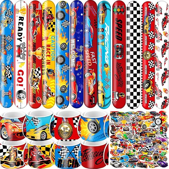 Hot Race Car Party Favors, 24 Pcs Race Car Slap Bracelets, 50 Pcs Hot Car Stickers Race Car Birthday Party Supplies Decorations Hot Car Party Supplies Wheels Birthday Party Decorations