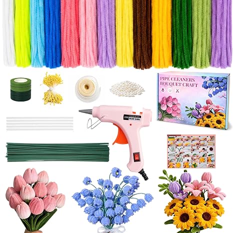 Vorplick 950Pcs Pipe Cleaner Flower Kit with Hot Glue Gun & Image Tutorial | No other tools required, Kids-friendly Chenille Stems with Storage Gift Box for Beginners DIY Bouquets and Party Decorations