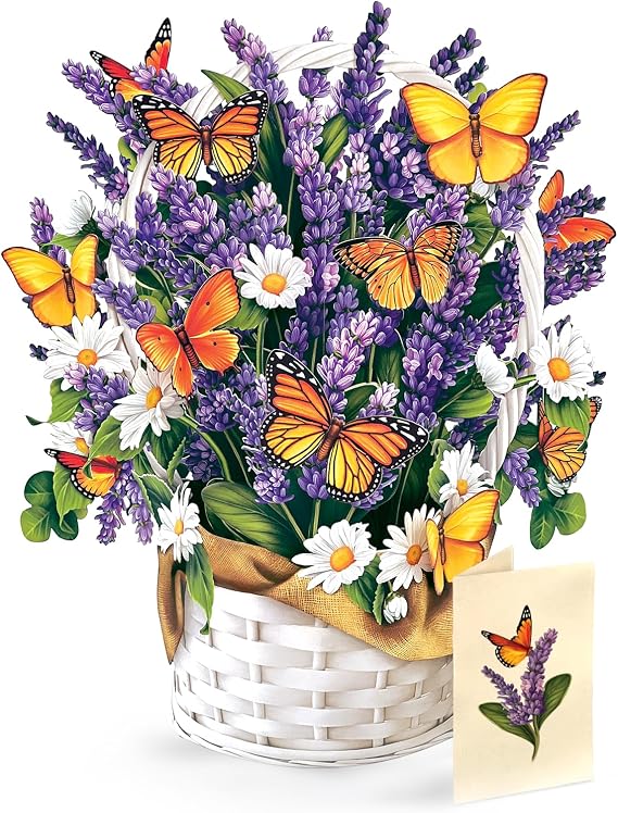 Freshcut Paper Pop Up Cards, Lavender & Butterflies, 12 Inch Life Sized Forever Flower Bouquet 3D Popup Greeting Card, Birthday & Thank You Card, Blank Notecard & Envelope