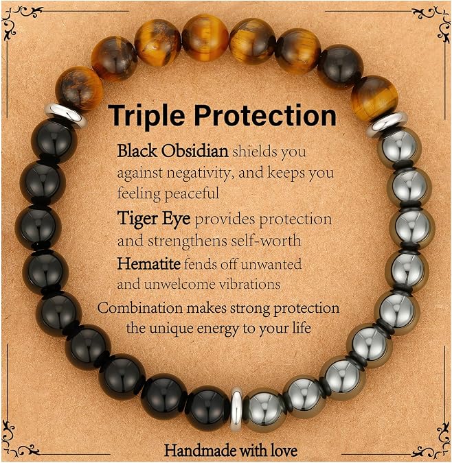 Gnamy Healing Crystal Bracelet Gifts for Men, Triple Protection Hematite Black Obsidian Tiger Eye Gemstone Beaded Bracelets Birthday Healing Jewelry Gifts