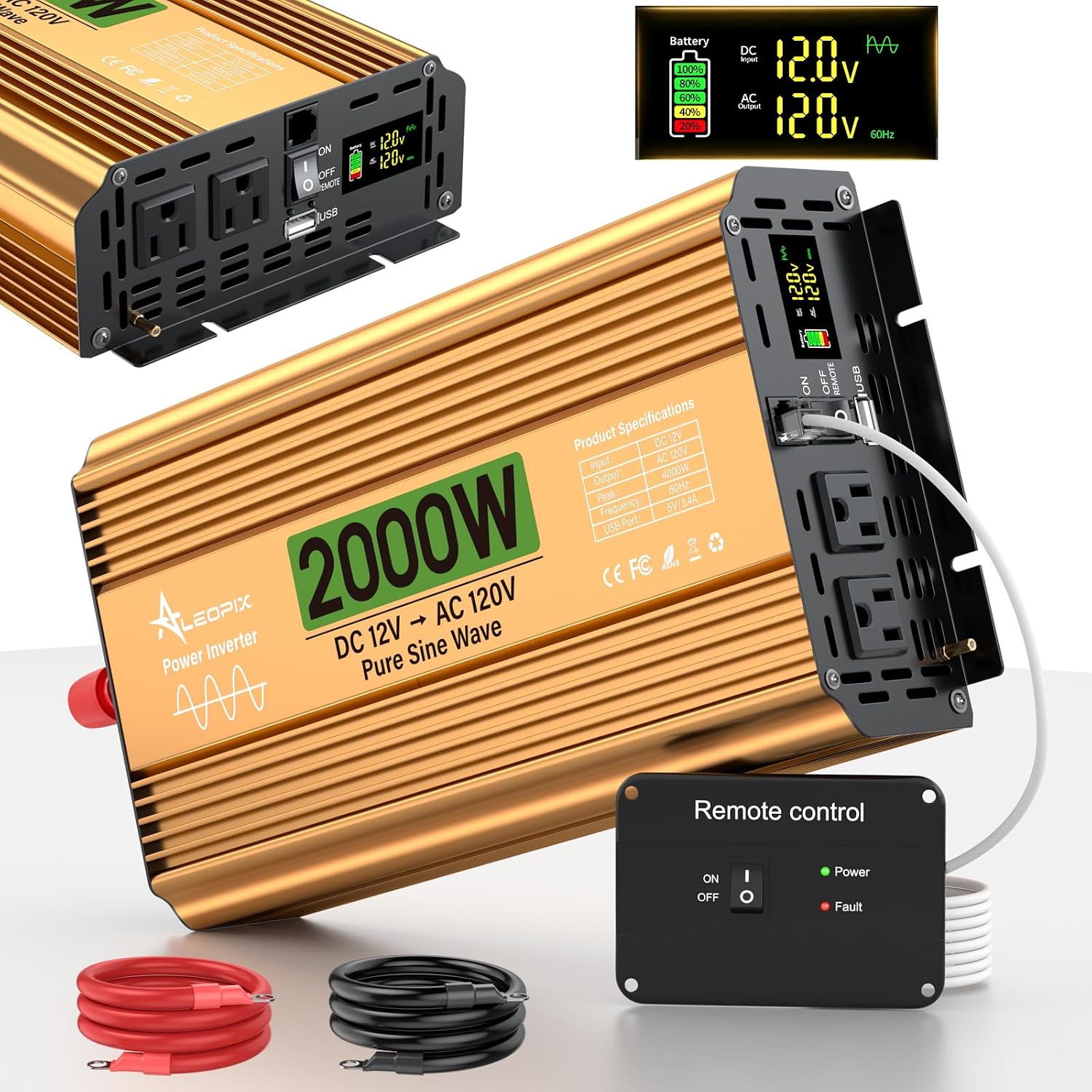2000 Watt Inverter 12V DC to 110V120V AC, Pure Sine Wave Inverter for TruckRVHomeSolarOff-Grid, Surge 4000W Pure Sine Power with 2 AC Sockets, 5V 3.4A USB, Digital Display, Remote Controller