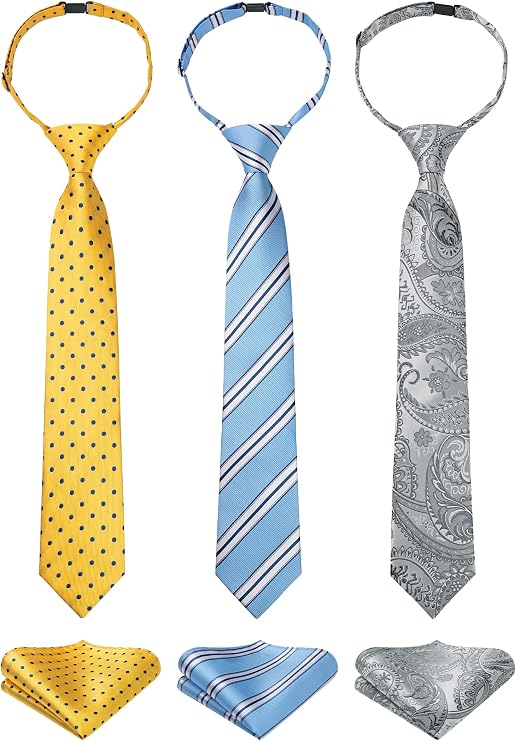 Enlision 3pcs Boys Pre-Tied Neckties & Pocket Square Set Neck Strap Tie for Kids