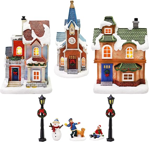 MOMENTS IN TIME Christmas Village Set 12-Piece with LED Lights Miniature Christmas Houses Lighted Holiday Decor for Tabletop Mantel Village Display Gift-Ready Packaging