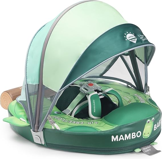 Mambobaby Float Upgrade Add Tail Baby Float with Canopy for Infant Waist Swimming Ring Swim Trainer Non-Inflatable Floats Toys with Adjustable Safety Strap (Green - Crocodiles)