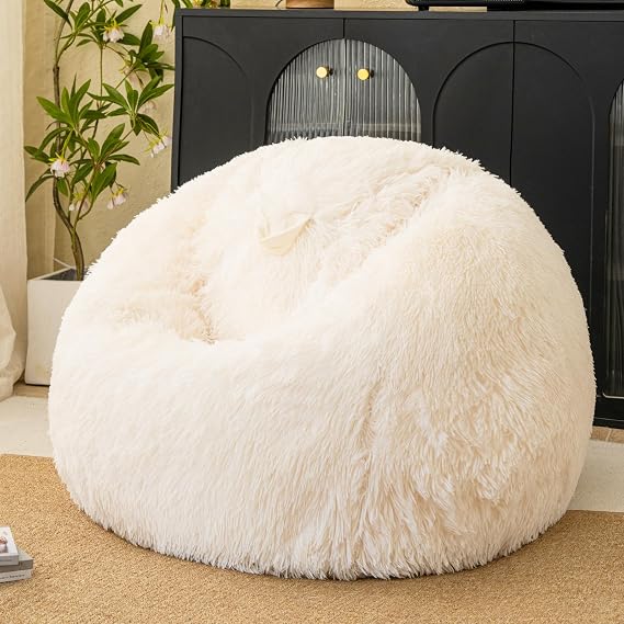 Fluffy Faux Fur Bean Bag Chair Cover(No Filler), Beige