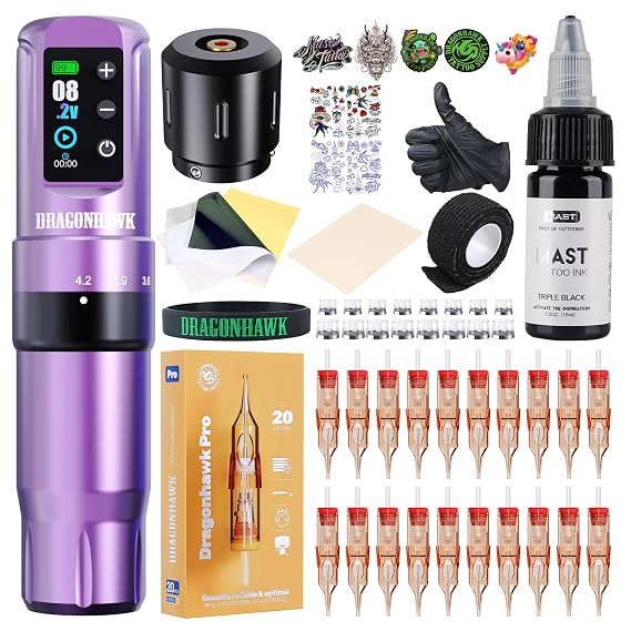 Dragonhawk Atom2 Pro Tattoo Kit, 7 Stroke Settings, 2000mAh, Purple