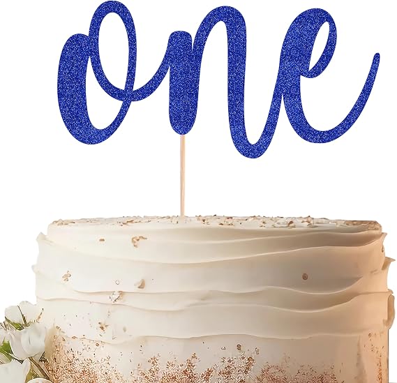 One Cake Topper - Blue Glitter 1st Birthday Cake Decorating Supplies for Boys or Girls, First Birthday Cake Topper for Baby Shower 1st Birthday Party Supplies Photo Booth Props