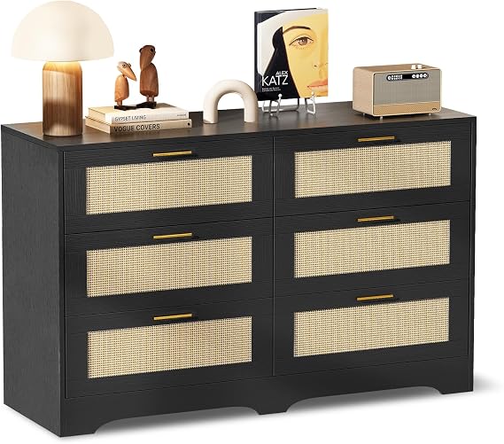 Redlife 6 Drawer DresserBlack, Chest of Drawer for Bedroom, Wood Storage Boho Dresser with Golden Handles, Beside Table for Closet, Living Room, Hallway and Entryway, Black and Natural