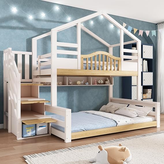 Su & Chan Legence Bunk Beds for Kids, House-Shaped Wooden Bed Frame with Storage Stairs and Shelves, for Family with Multiple Children, No Mattress, 90x190 + 135x190cm, White and Natural