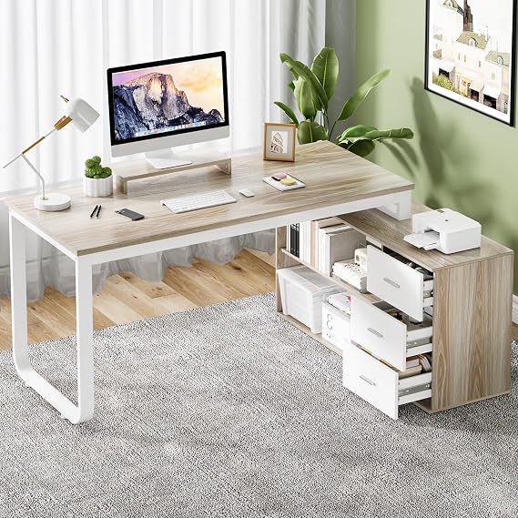 MaverickFurni 55" L Shaped Office Desk with Drawers, White and Walnut