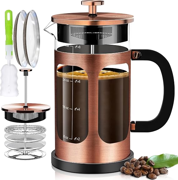 YMMIND French Press Coffee Maker (34oz 1Quart 5-6Cup) Coffee Press, with 4 Filters System, Heat Resistant Thickness Borosilicate Glass, Cold Brew Coffee Tea Pot Gifts (Copper)