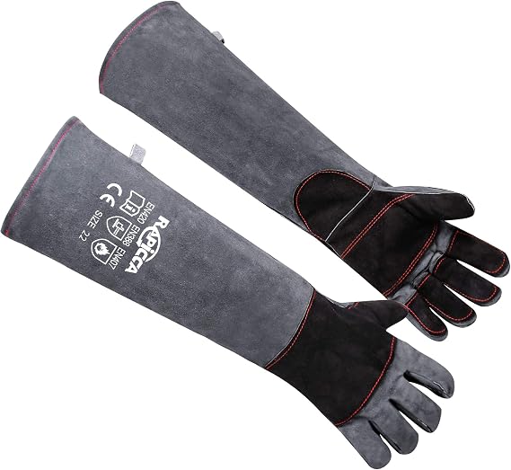 RAPICCA Animal Handling Gloves, Bite Proof Double Leather, 22 in Grey-Black