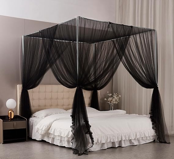 4 Corners Post Bed Canopy Curtains Bed Frame Canopies for Bedroom Decor (Queen, Black)