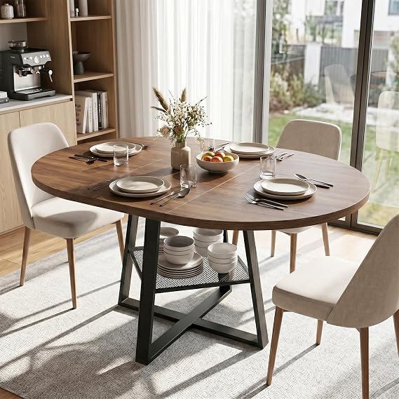 Extendable Round Dining Table for 4 to 6 Seater with Storage Shelf