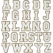26 PCS White Iron On Letter Patches, Stick on Chenille Letters Patches Applique Sewing Clothing Badges with Glitters Border for Shirts Jackets Jeans Hats Bags Shoes