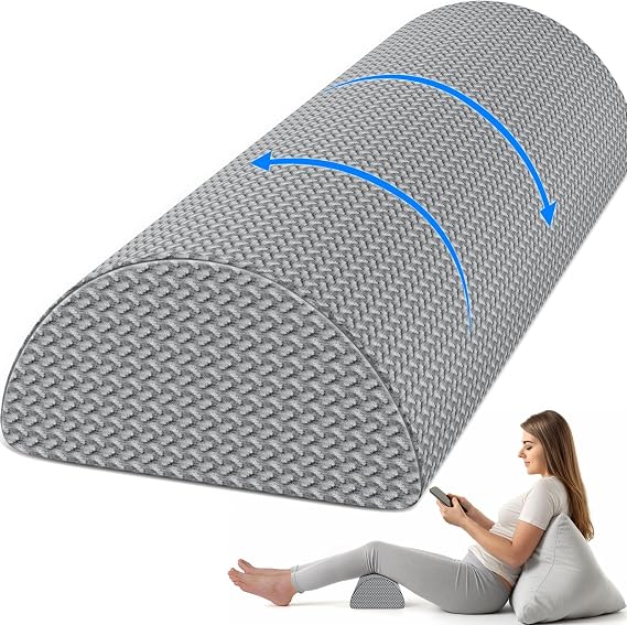 TranquilRelax Knee Pillow for Back Sleeping Memory Foam Half Moon Bolster Pillow for Legs, Under Knee Support, Ankle & Foot Comfort Orthopedic Pillow for Side Sleepers (Grey, 22" x 8.7" x 5.3")